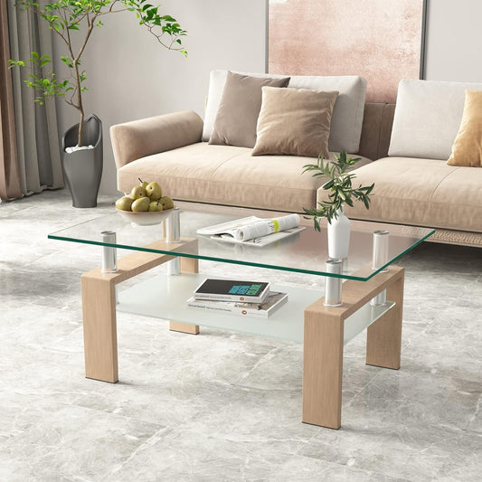 Modern Rectangle Glass Coffee Table Stylish Center Table for Living Room, Versatile Tempered Glass Coffee Table with Ample Storage Durable Metal Tube Design