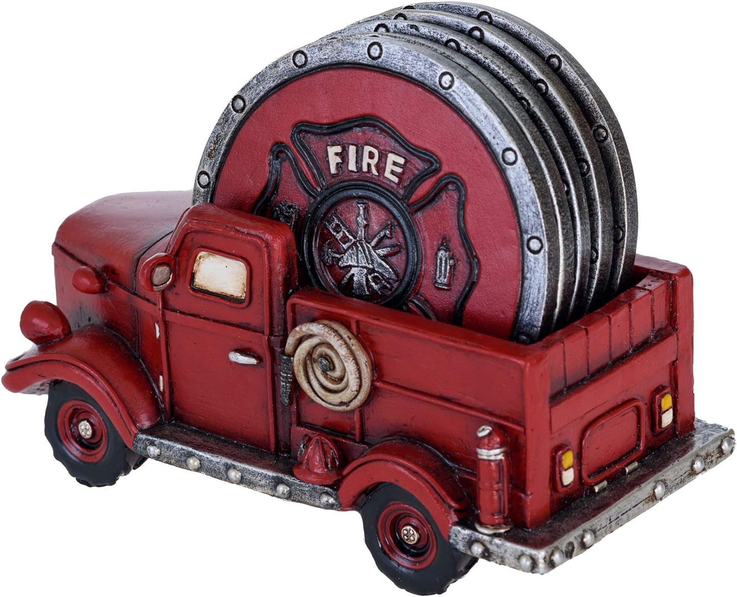 Fire Truck Coaster Set of 5 - Firefighter Kitchen Table Coasters Set Rustic Home Decor Living Room - Firefighter Coaster Sets with Holder Dining Room Decor and Accessories