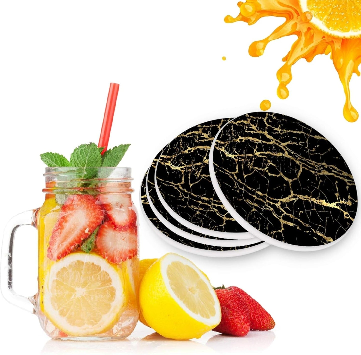 Gold and Black Marble Drink Coaster Moisture Absorbing Stone Coasters with Cork Base for Tabletop Protection Prevent Furniture Damage, 2 Pieces