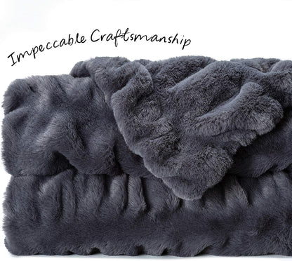 Premium Ruched Faux Fur Throw Blanket - Luxurious, Soft Reversible Mink Blanket - 50" X 65” - Gray