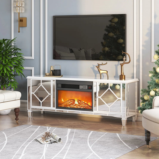 Mirrored TV Stand for 65+Inch TV, Mirrored Electric Fireplace TV Stand, Mantel Freestanding Heater/7 Colors 3D Realistic Flame Effect, Entertainment Center Furniture for Living Room, Silver