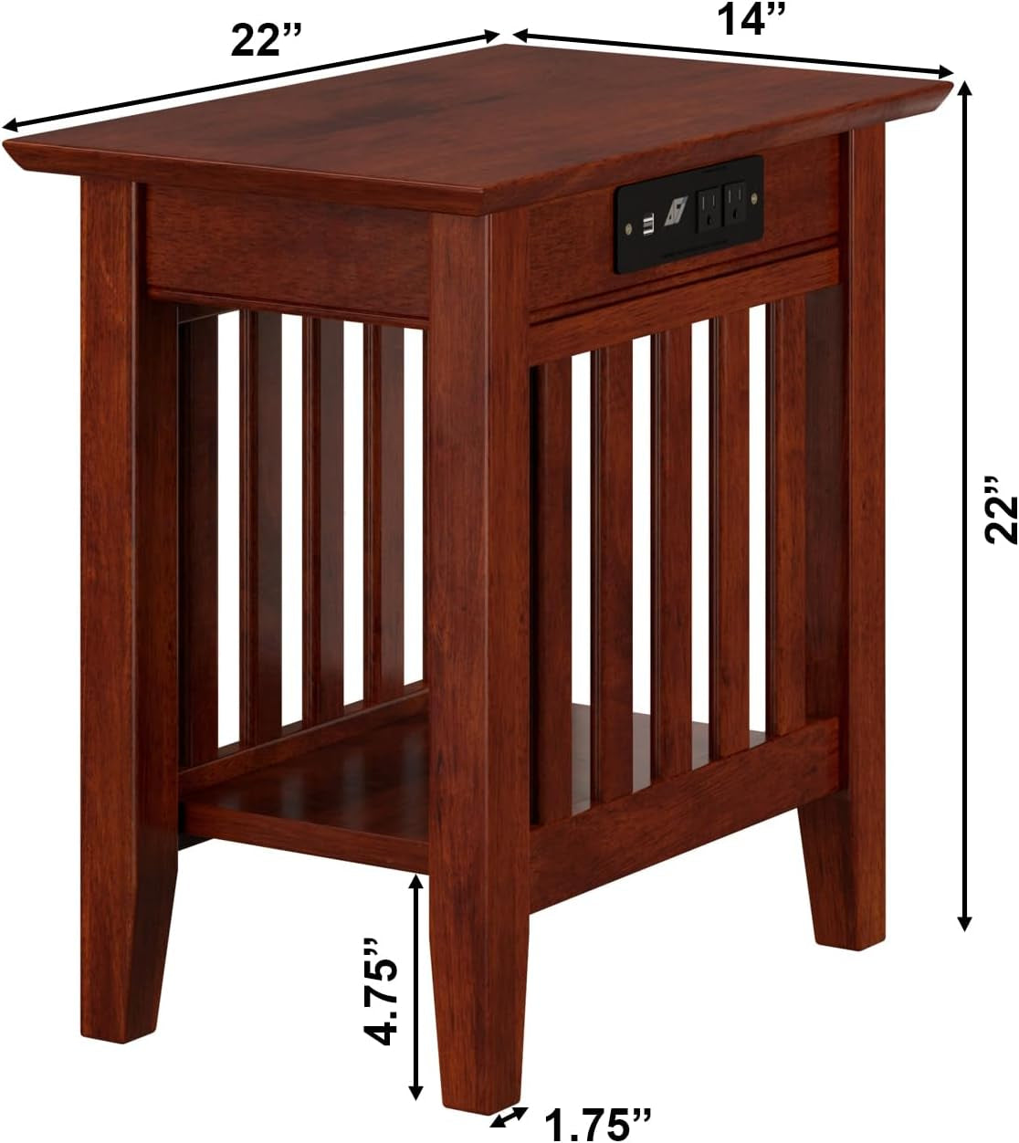 Atlantic Furniture Mission Chair Side Table with Charging Station, Walnut, "Chair Side Table (22"" X 14"")"