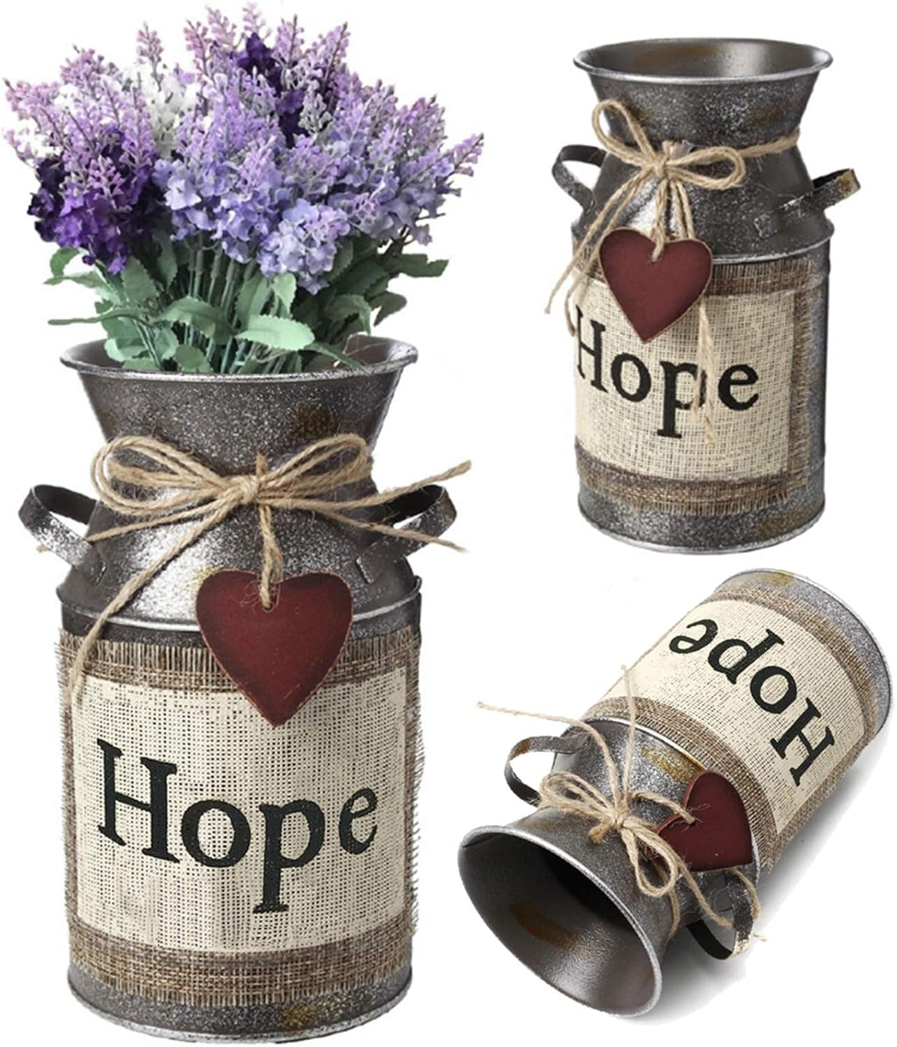 7.5" High Rustic Decorative Vase with Greetings and Rope Design, Metal Milk Can Country Jug for Living Room, Bedroom, Kitchen(Hope)