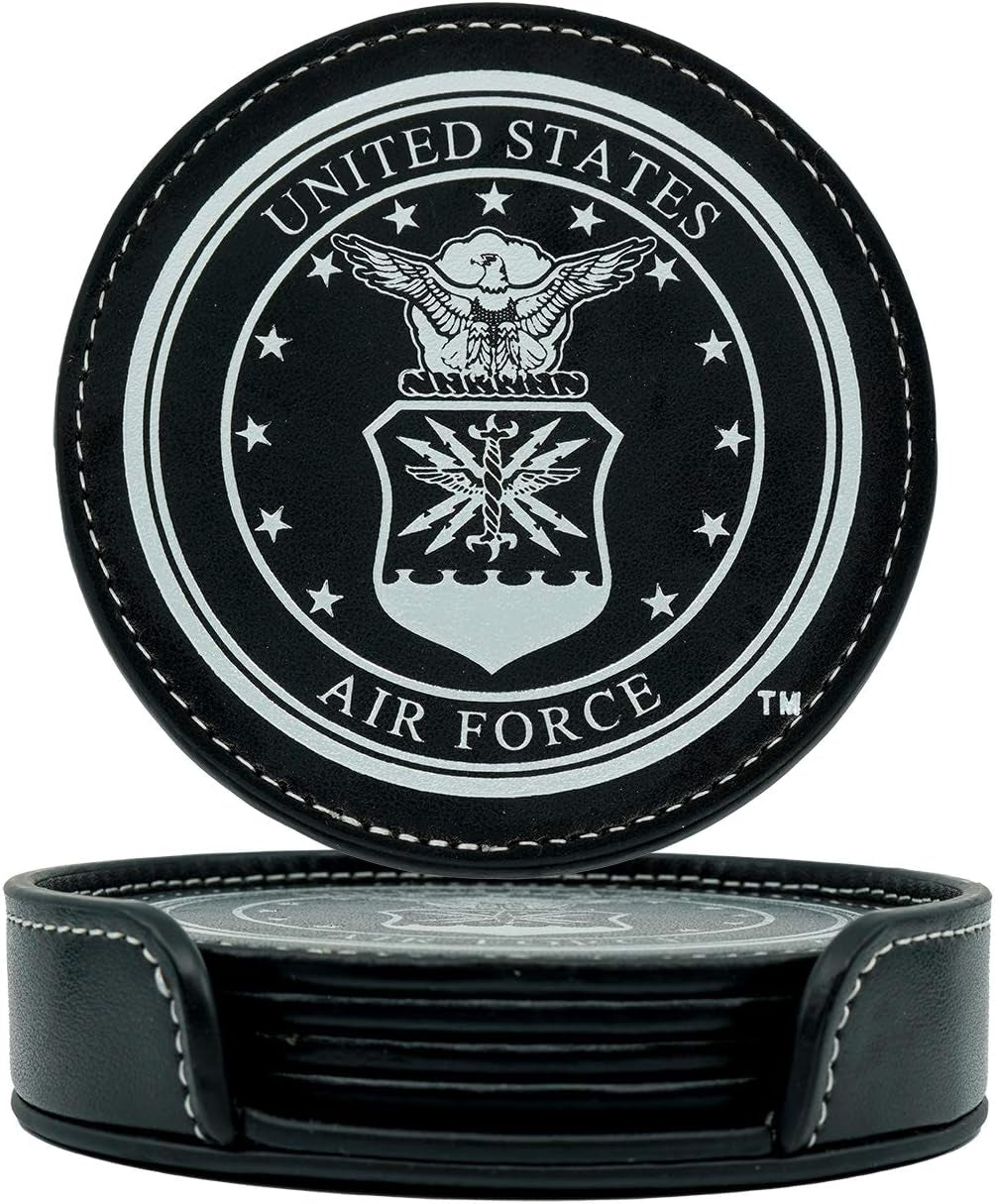 Air Force Leather Coaster Set - 4 Premium Coasters with Hot Stamped Foil USAF Logo - Air Force Gifts | Disabled USMC Vet Owned Small Business