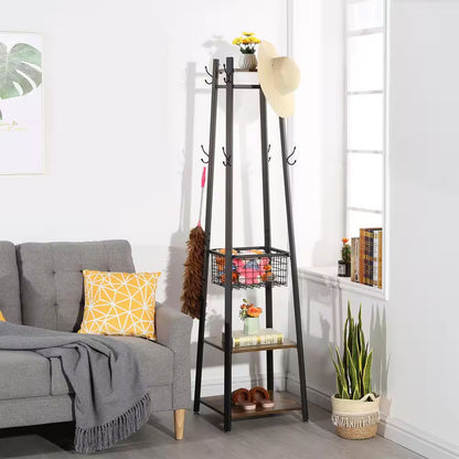 Brown Industrial Coat Rack Freestanding, Clothes Stand with Metal Basket and 2-Shelves, Purse Hanger with 8-Dual Hooks