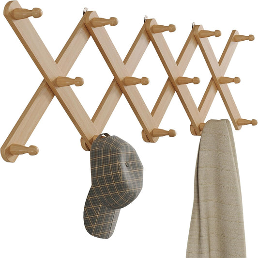 Wood Accordion Wall Hanger, Expandable Coat Rack Wall Mount with 14 Pegs, Expanding Hat Rack for Wall, X Shape, 27"×10", Natural Color