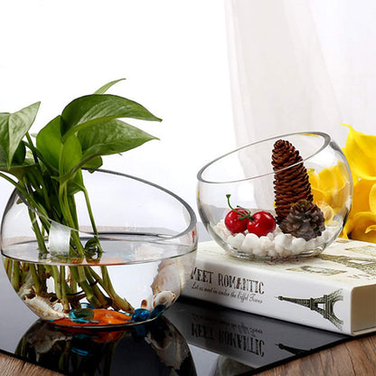 Clear Slant Cut Bowl Glass Vase, Glass Terrarium, Candy Dish, Glassware, Slant Open: 7". Height: 6" X 2.7". Base: 4" (1 Piece)