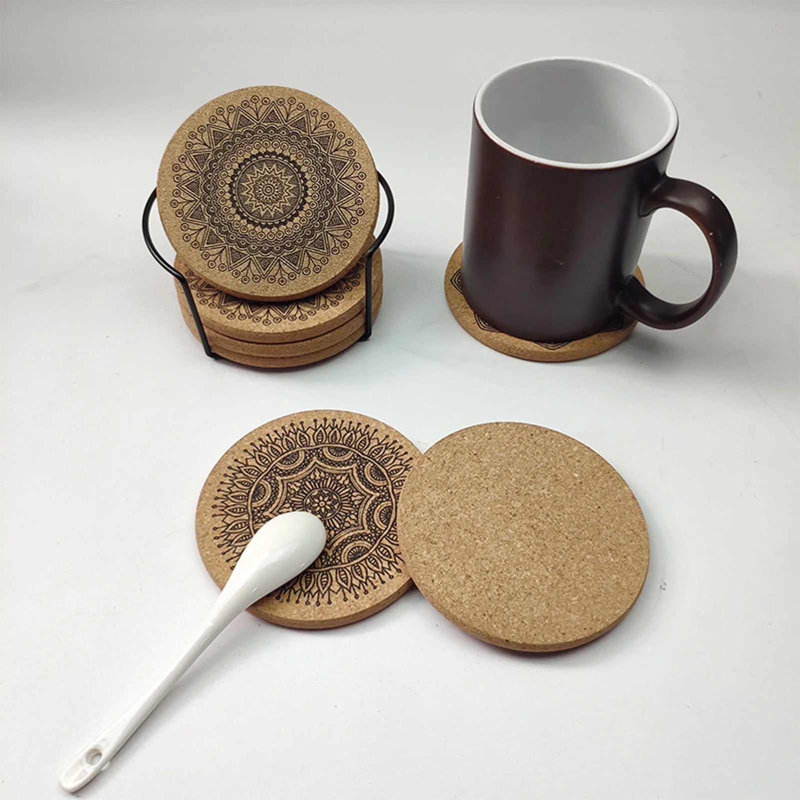 Cheers US 6Pcs/Set Cork Coasters for Drinks with Metal Holder round Drink Coaster Thick Absorbent Heat-Resistant Saucer - Used for Cold Hot Beverages Glasses Mugs Cups Plants Apartment Decor