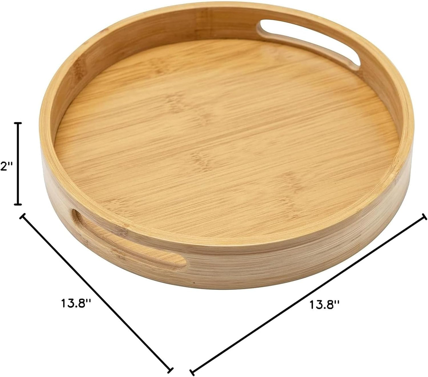 13.8 Inch Bamboo round Serving Tray, Wood Tray with Handles, Natural Wooden Tray for Ottoman, Kitchen/Coffee Table