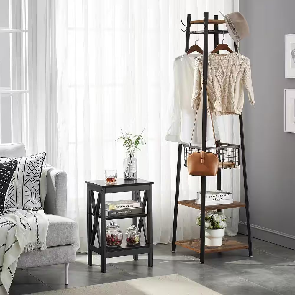 Brown Industrial Coat Rack Freestanding, Clothes Stand with Metal Basket and 2-Shelves, Purse Hanger with 8-Dual Hooks