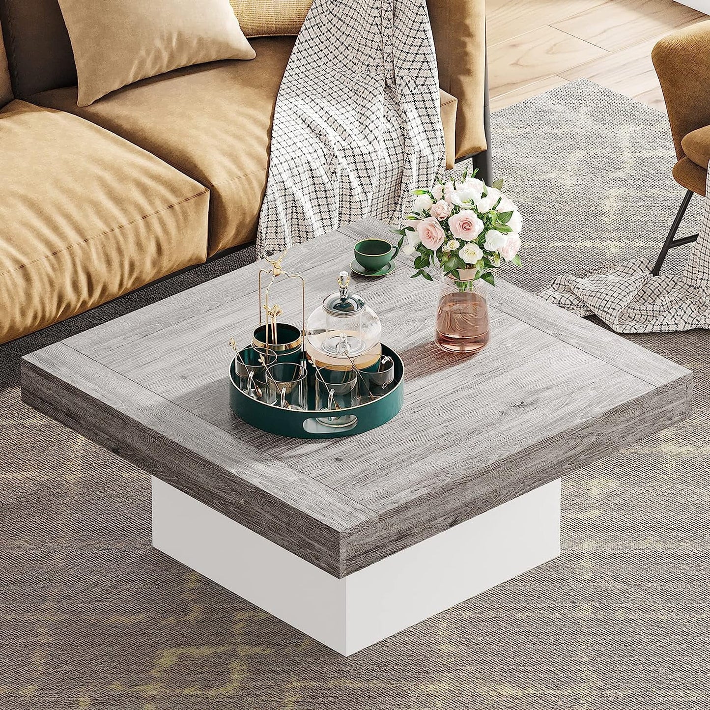 Farmhouse Coffee Table Square LED Coffee Table Engineered Wood Coffee Table for Living Room Rustic Grey & White Low Coffee Table