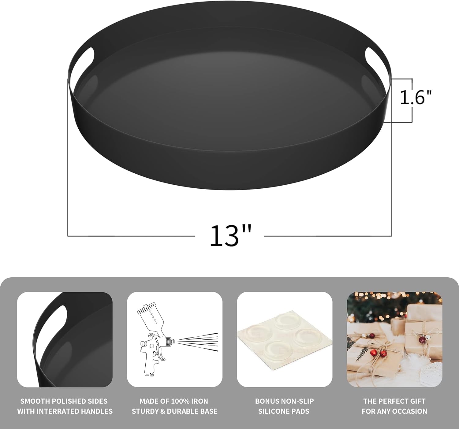 Modern round Decorative Iron Tray - Black 13" Coffee Table Serving Tray with Handles,Decorative Tray for Perfume,Vanity Counter Bathroom Tray