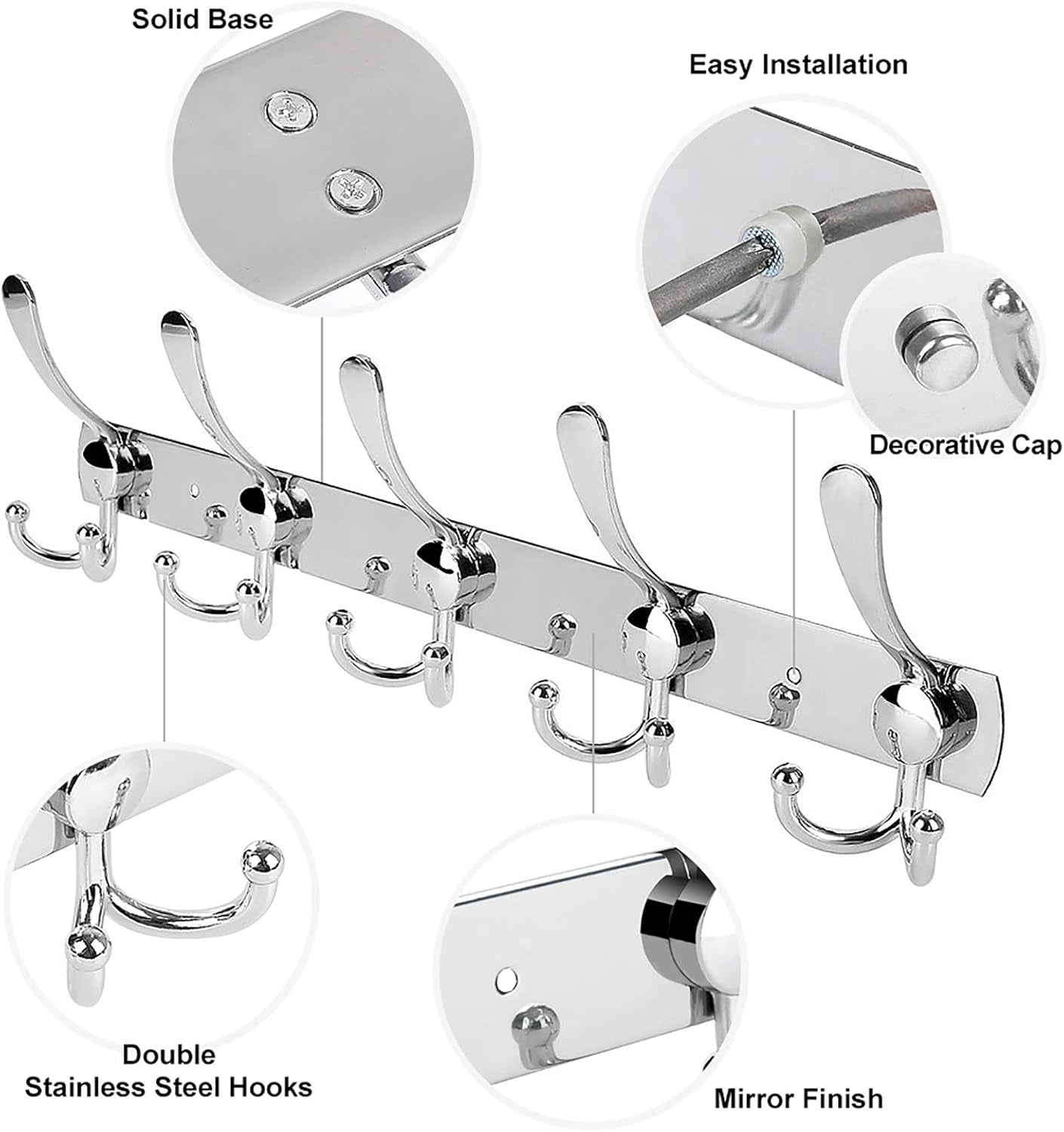 Wall Mount Coat Hook, 2 Pack 15 Hooks Stainless Steel Coat Hangers Rack Robe Hat Clothes Hook Wall Coat Rack Hooks