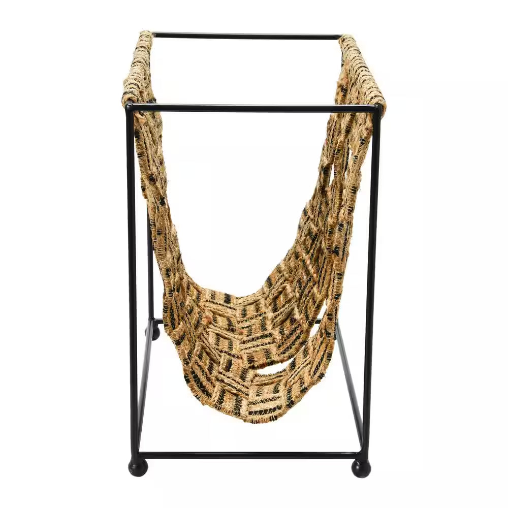 Woven Jute and Metal Magazine Holder in Beige and Black