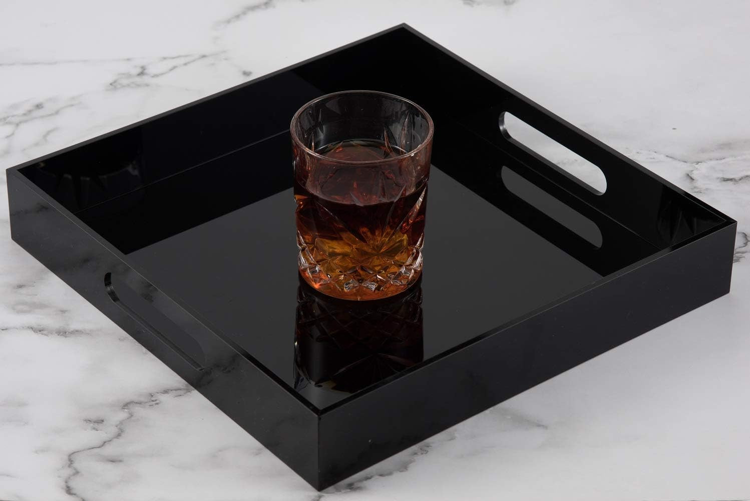 Glossy Black Sturdy Acrylic Serving Tray with Handles-12X12Inch-Serving Coffee,Appetizer,Breakfast,Butler-Kitchen Countertop Tray-Makeup Drawer Organizer-Vanity Table Tray-Ottoman Tray-Decorative Tray