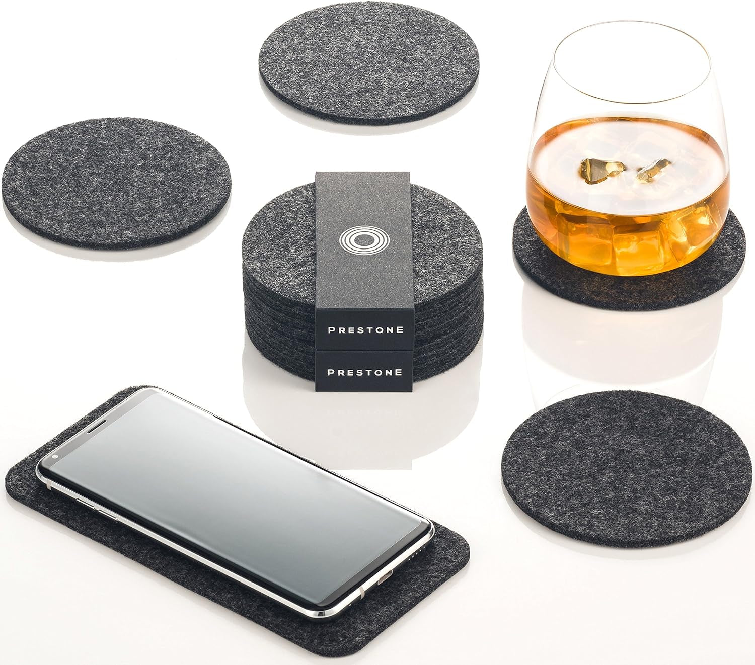 Coasters for Drinks Set of 9, Absorbent Felt Coasters with Double Holder, Unique Phone Coaster, Premium Package, Perfect Housewarming Gift Idea, Protects Furniture (Round, Charcoal)