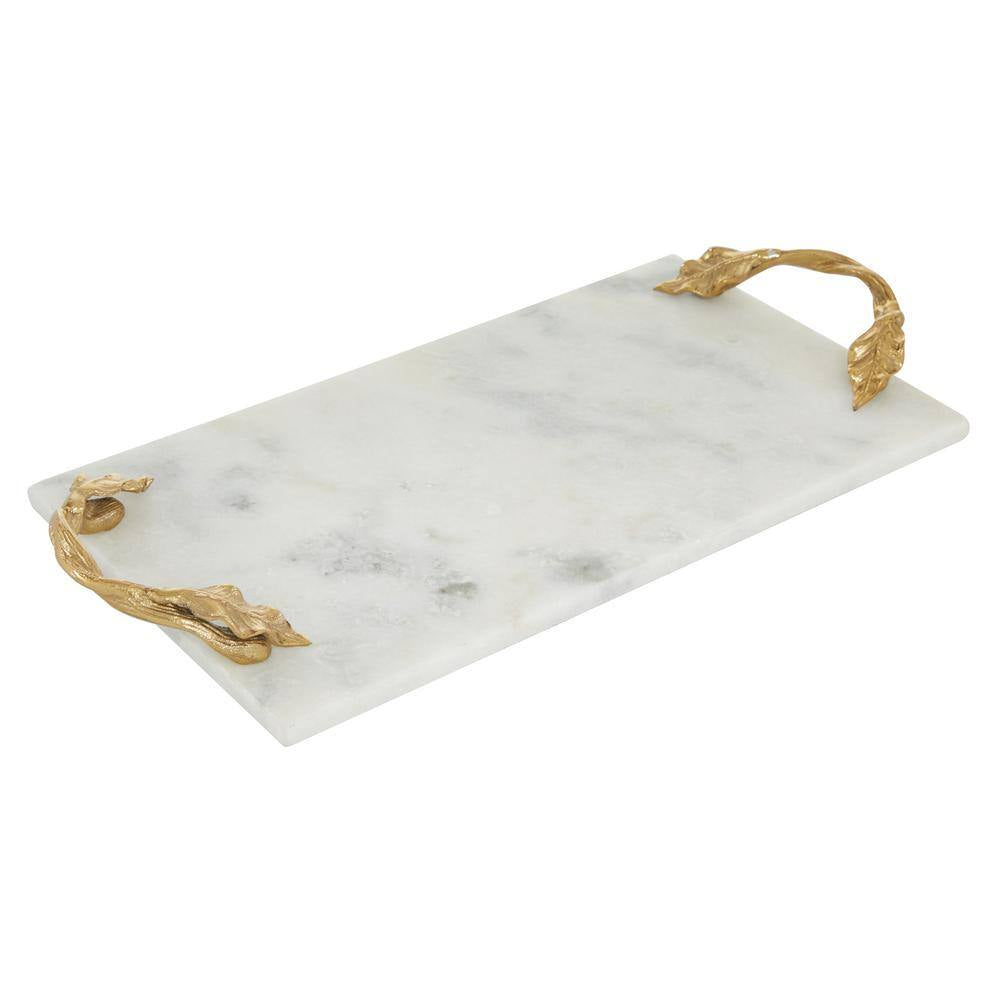 White Marble Decorative Tray with Gold Twisted Leaf Handles