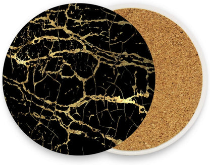 Gold and Black Marble Drink Coaster Moisture Absorbing Stone Coasters with Cork Base for Tabletop Protection Prevent Furniture Damage, 2 Pieces