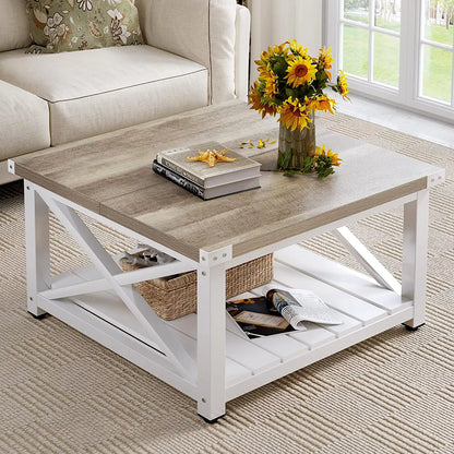 Farmhouse Coffee Table for Living Room, Square Wood Coffee Table with Open Storage Shelf