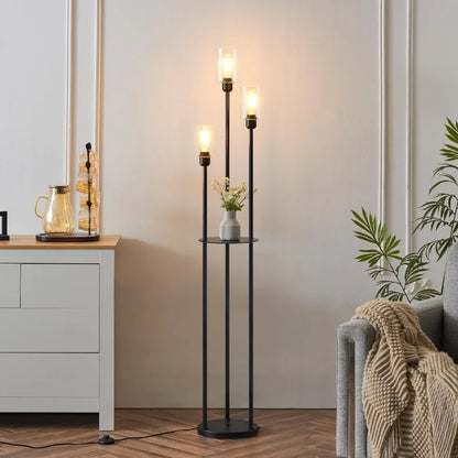 65" Boho Floor Lamp for Living Room Rattan Floor Lamp with Shelves, 3 LED Bulbs Included Standing Lamp, Floor Lamp