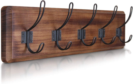 Dark Wash Brown Rustic Coat Rack Wall Mount with 5 Hooks, Solid Pine Wood 24 Inch Wall Hooks for Entryway, Mudroom, Hallway, Bathroom - Vintage Farmhouse Style Wall Mounted Towel Rack