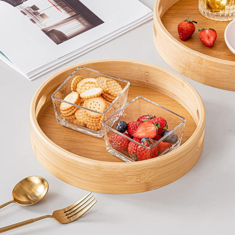 13.8 Inch Bamboo round Serving Tray, Wood Tray with Handles, Natural Wooden Tray for Ottoman, Kitchen/Coffee Table