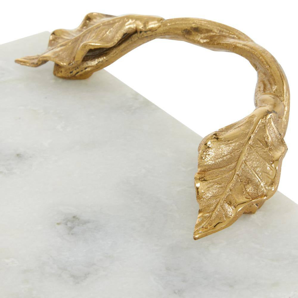 White Marble Decorative Tray with Gold Twisted Leaf Handles