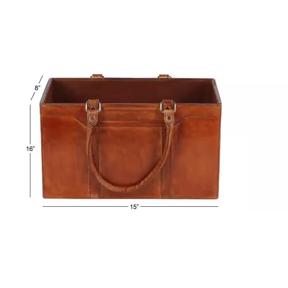 Brown Handmade Box Style Standing Magazine Holder with Detail Stitching and Curved Handles