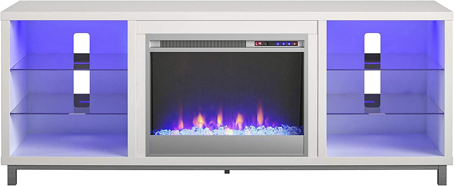 Lumina Fireplace TV Stand for Tvs up to 70 Inch, Replaceable Electric Fireplace Insert Heater, Remote Control, Timer, Color Changing LED Lights, Crystal Ember Flames, White