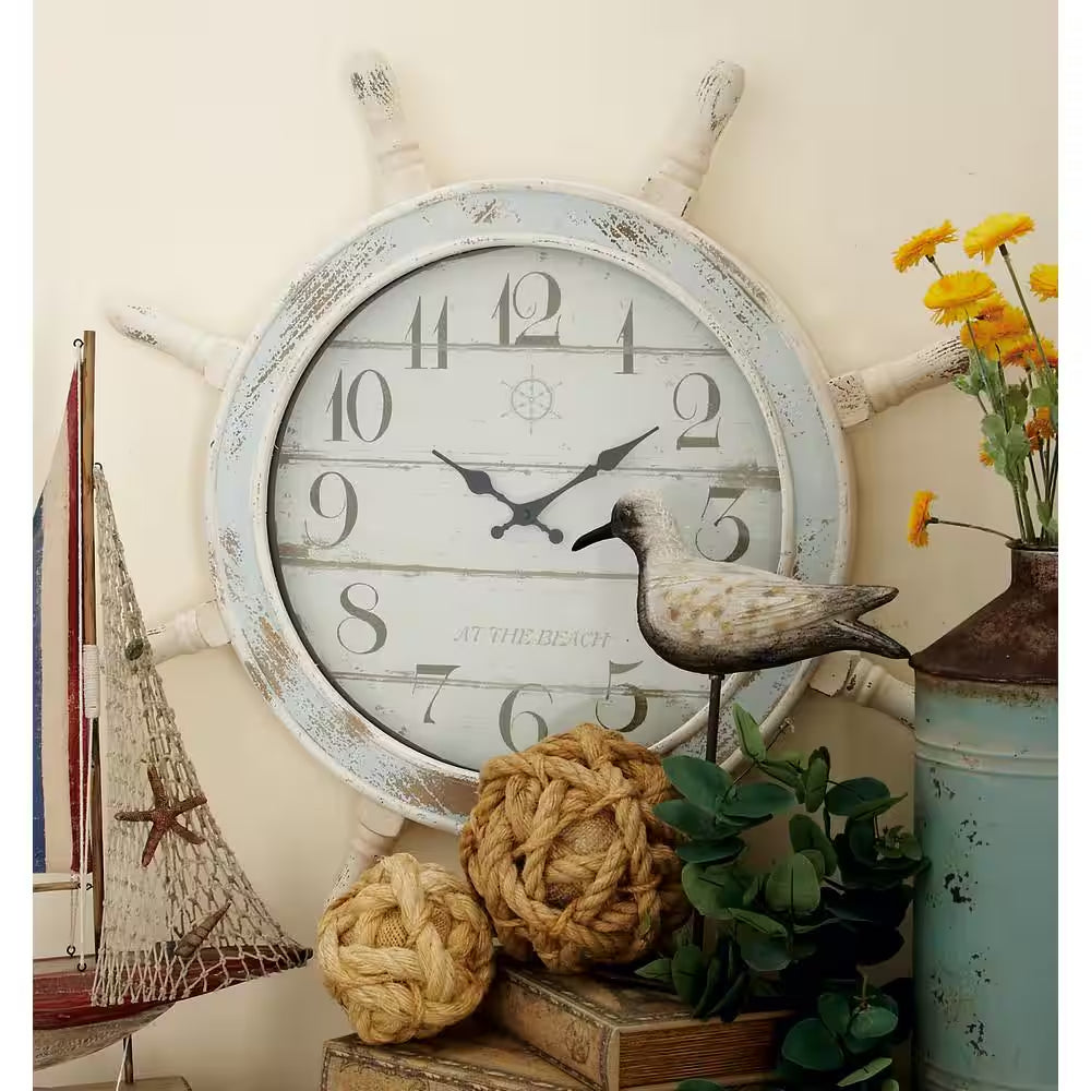 28 In. X 28 In. Blue Wood Ship Wheel Sail Boat Wall Clock