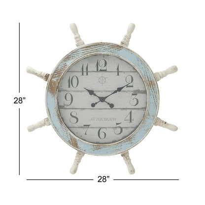 28 In. X 28 In. Blue Wood Ship Wheel Sail Boat Wall Clock